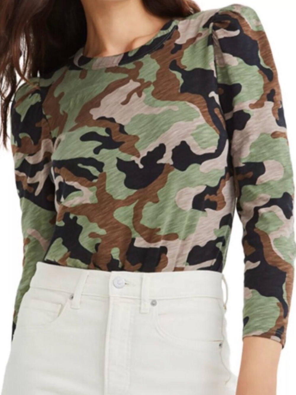 VERONICA BEARD Porter Camouflage Print Puff Long Sleeve Pullover Top Sz S